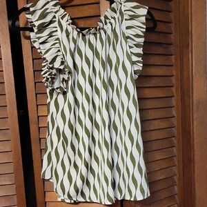 Green and White Ruffle Sleeve Top